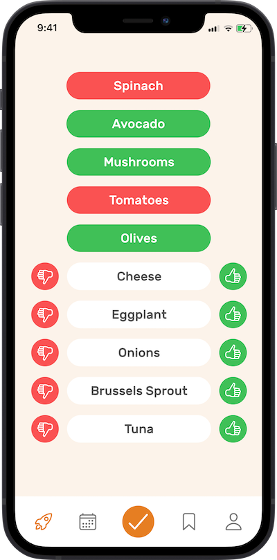 App screen showing food preferences