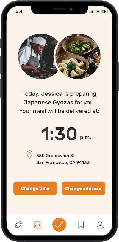 App screen showing images of meals and Chefs along with name & delivering options