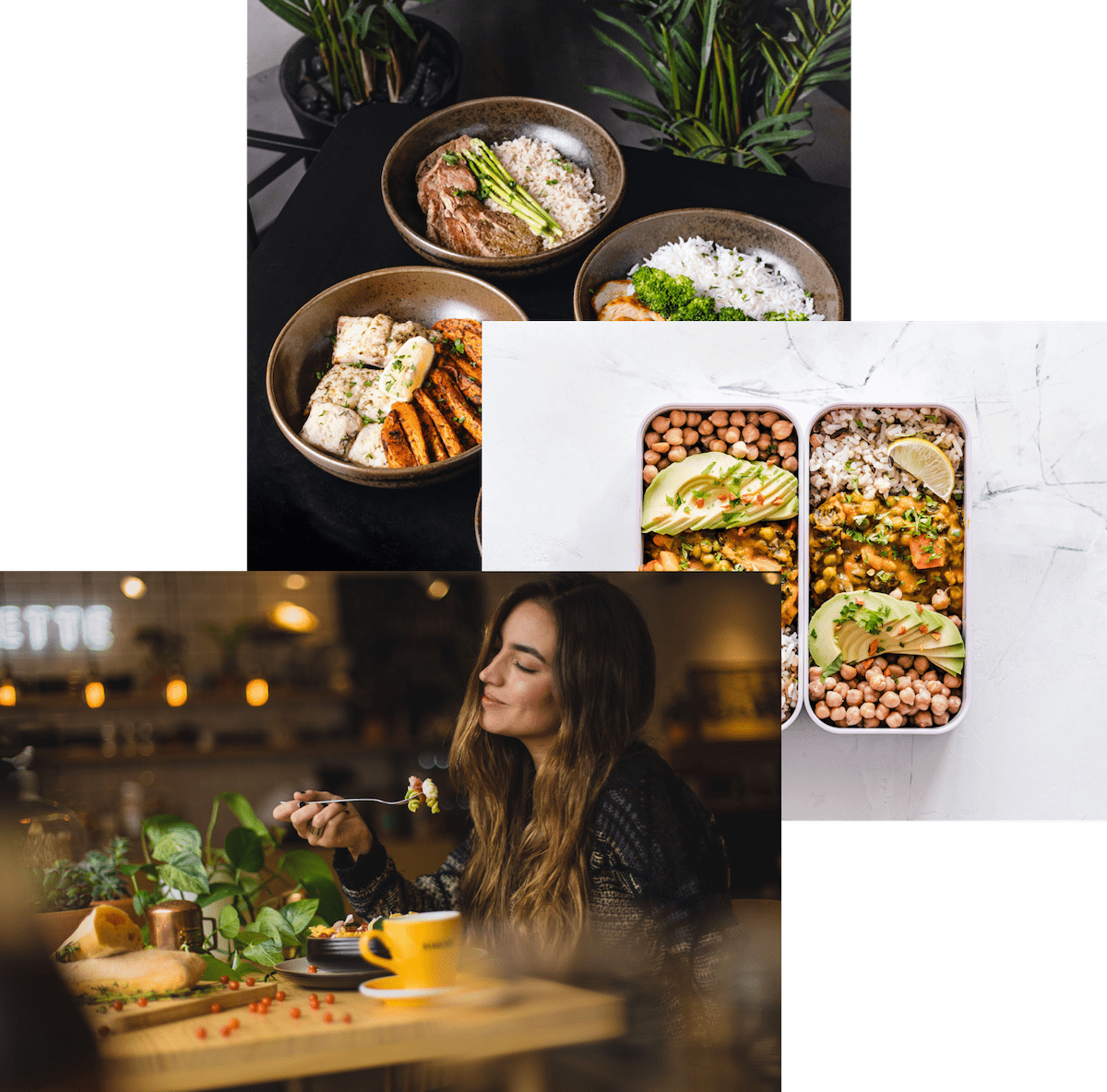 A woman enjoy mean, meals on table, food ingredients in storage